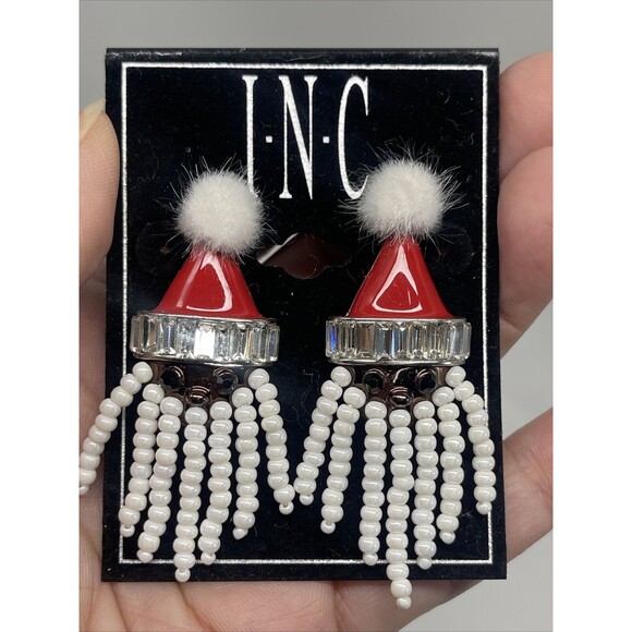 INC Seed Bead Rhinestone Santa Clause Earrings New - Picture 4 of 6